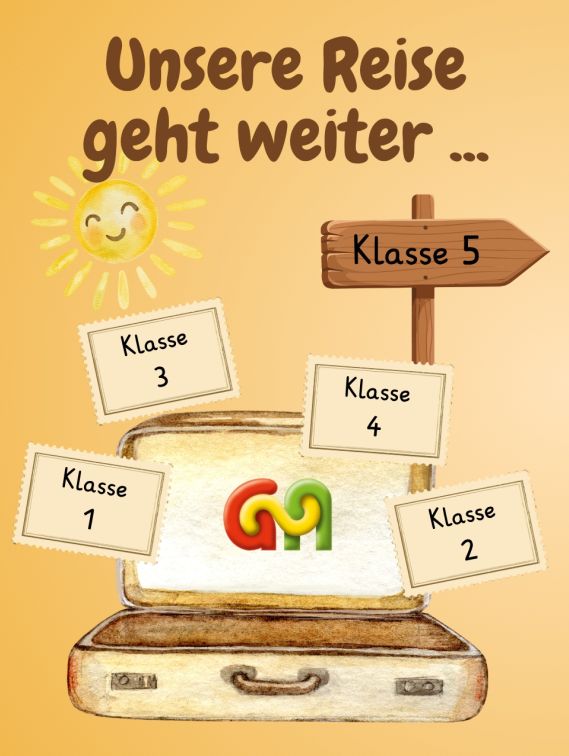 Bild der Einladung, auf der ein Koffer, ein Schild Richtung Klasse 5 und 4 Marken  mit Klasse 1-4 zu sehen sind